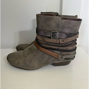 Gray buckle ankle boots